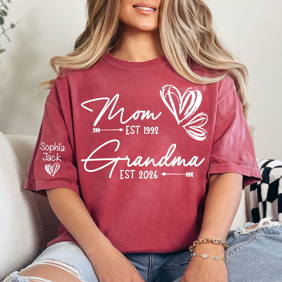 Personalized Heart T-shirt For Mom And Grandma, Founding Year With Name, Family Gift