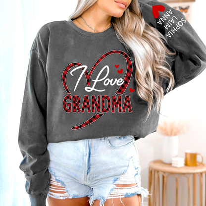 Custom Grandma Sweatshirt with Grandchildren Names, I Love Grandma Plaid Heart Crewneck