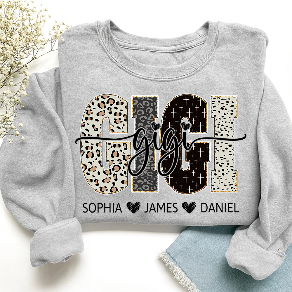 Personalized GiGi Sweatshirt With Grandkids Names, Custom Leopard Print Grandma Pullover