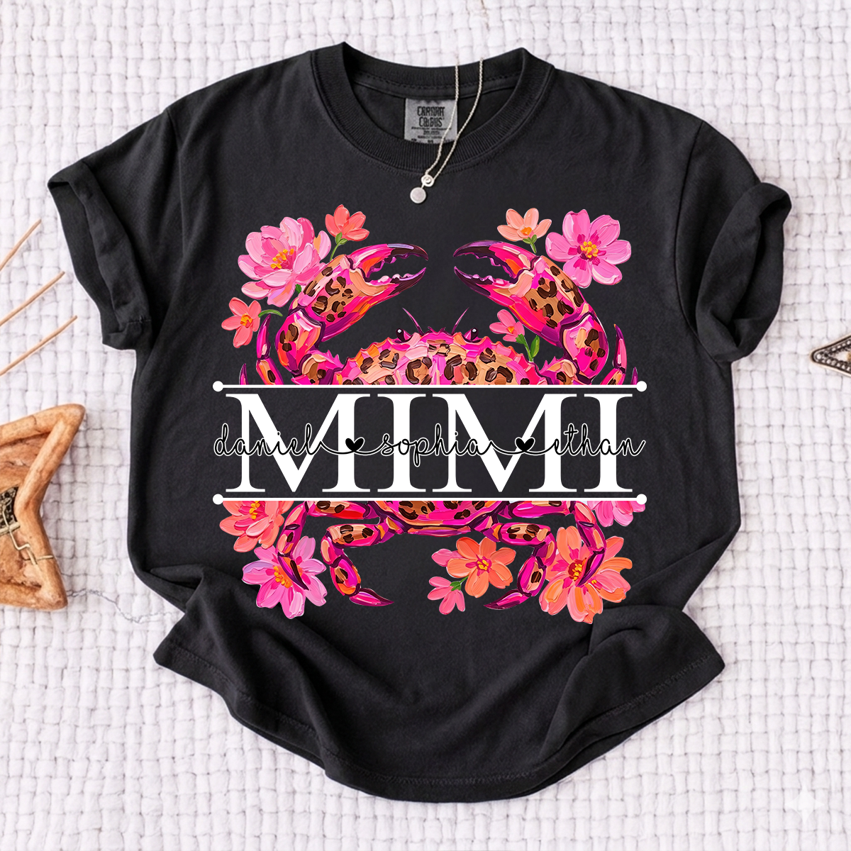 Comfort Colors® Personalized Mimi Crab Shirt with Grandkids Names, Custom Grandma Tee, Floral Leopard Beach Design T Shirt for Mimi Gift