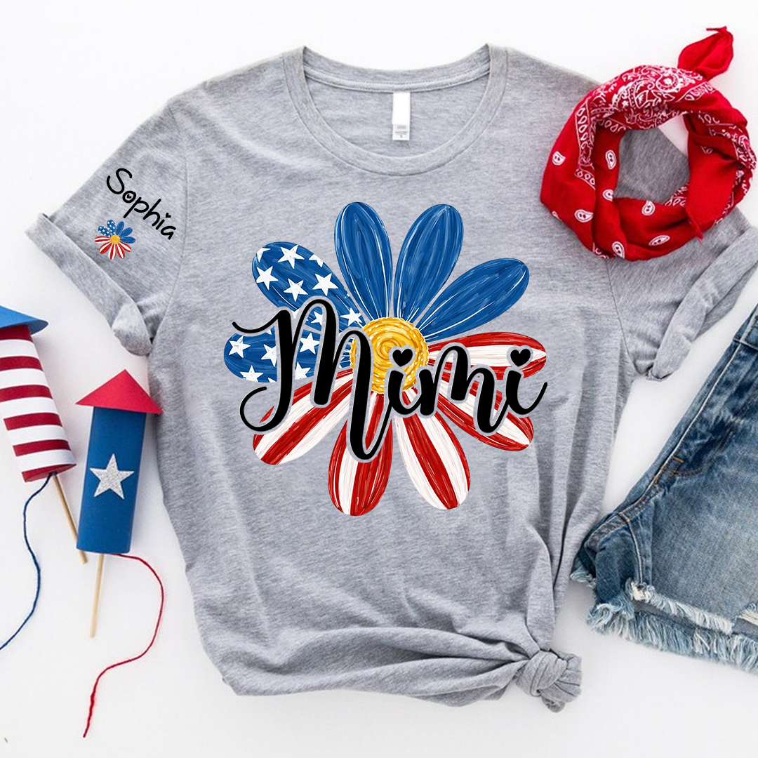 Custom Mimi T Shirt with Kids Names Floral Daisy American Flag Design Personalized Family Gift for Mimi 4th of July