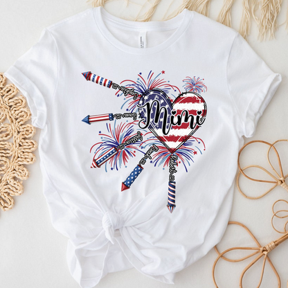 Patriotic Mimi Shirt with Firework Heart and American Flag Design for 4th of July