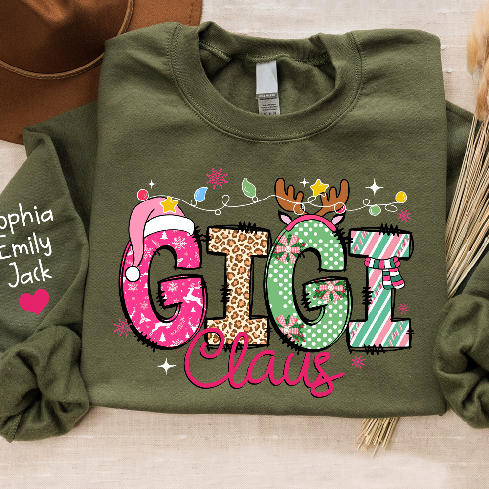 Personalized Grandma Sweatshirt, Merry Christmas Design with Grandchild's Name on Sleeve