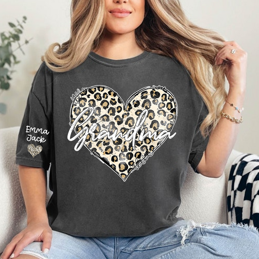 Personalized Grandma Shirt with Leopard Heart Design, Custom Family T Shirt