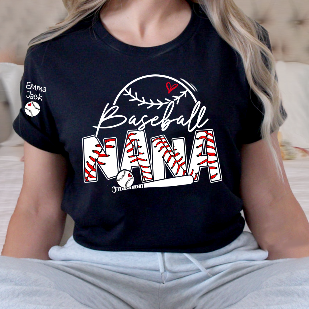 Baseball Nana Shirt Personalized with Grandkids Names, Sports Heart and Bat Family T Shirt