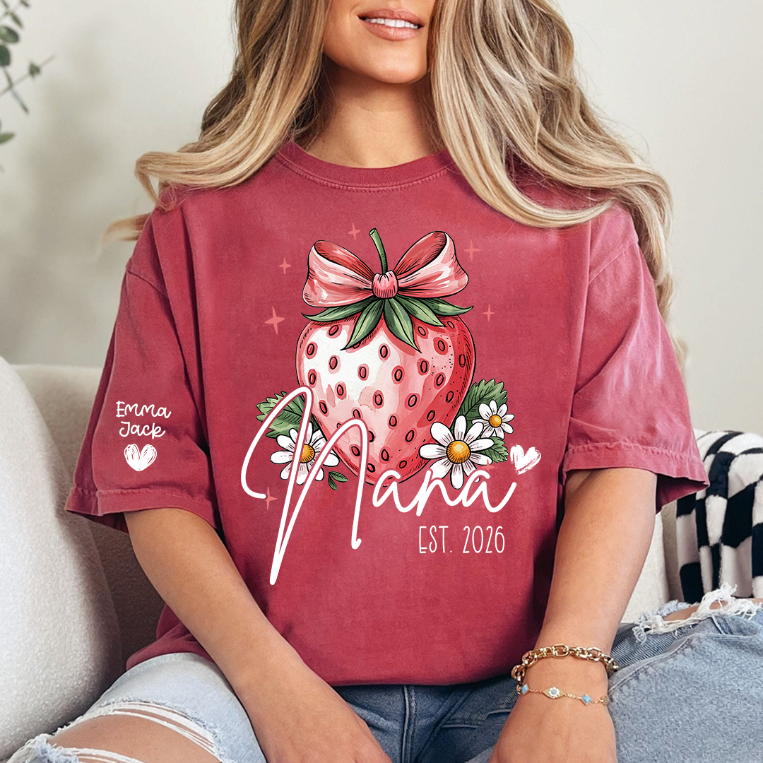 Mimi Strawberry Shirt, Cute Bow Floral Graphic Tee, Personalized Grandma T Shirt, Gift for Mimi from Family