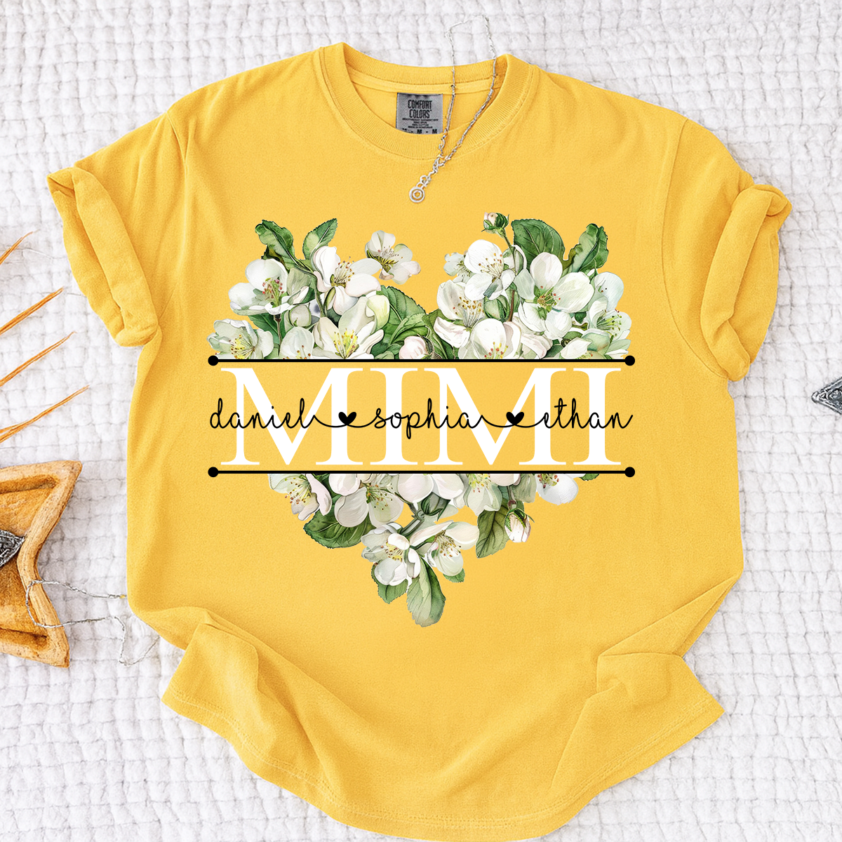 Comfort Custom Mimi T Shirt with Grandkids Names, White Floral Heart Family Tee