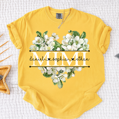 Comfort Custom Mimi T Shirt with Grandkids Names, White Floral Heart Family Tee