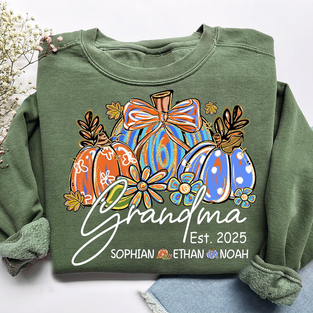Fall Pumpkin Print Sweatshirt with Pumpkin Brush Pattern, Custom Gifts for Grandma and Grandchild