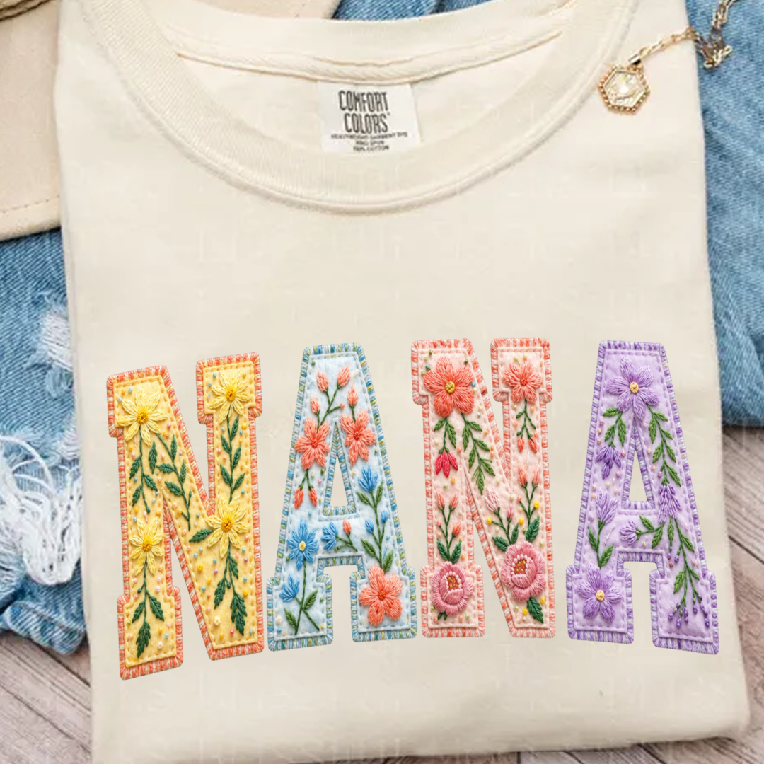 Personalized Nana Shirt Floral Embroidery Design Custom Grandma Mimi Gigi Name Tee with Grandkids Names Vibrant Flower Pattern Family Gift for Women