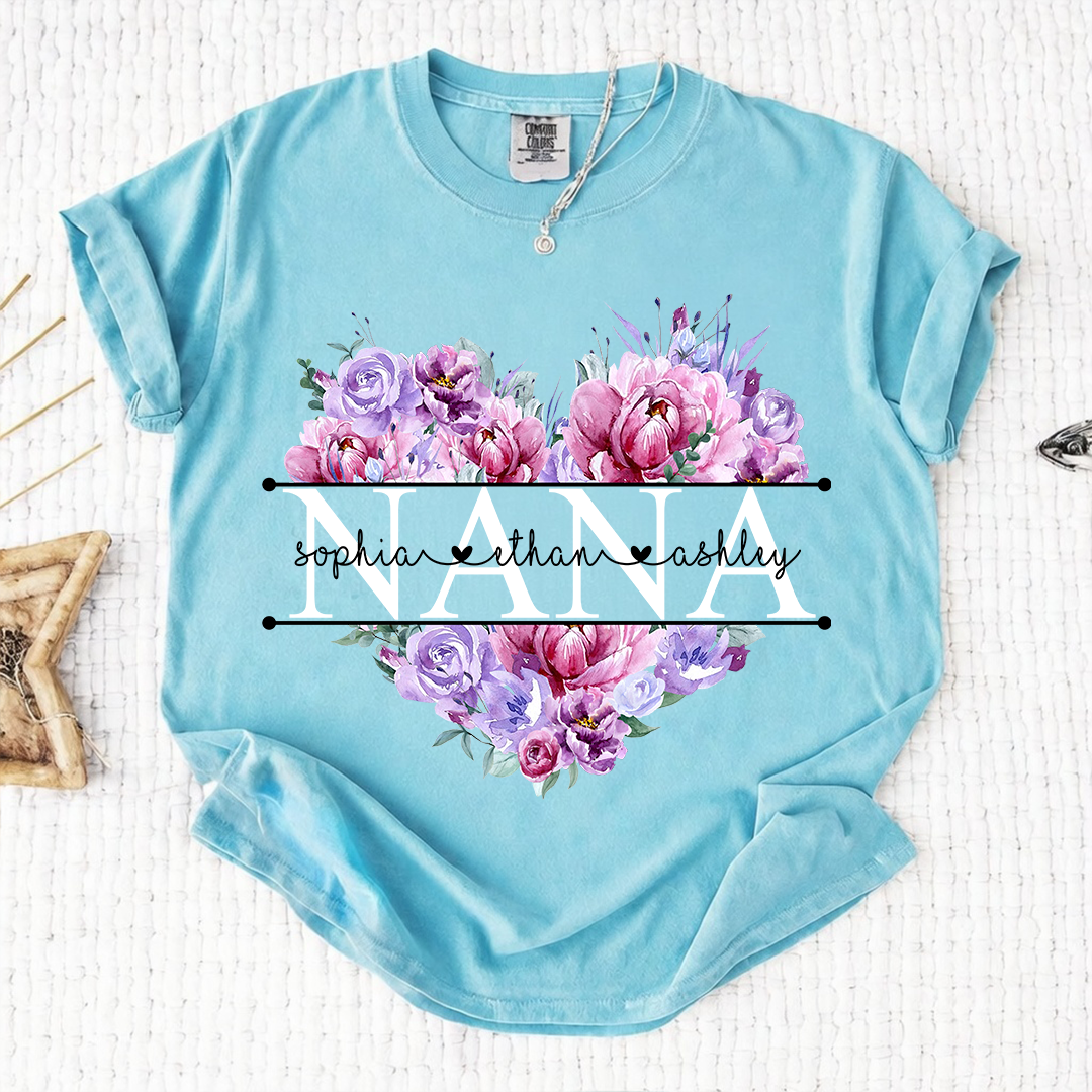 Comfort Color Personalized Nana Shirt Purple Floral Heart Design Custom Grandma Mimi Gigi Name Tee with Grandkids Names Elegant Family Outfit for Women