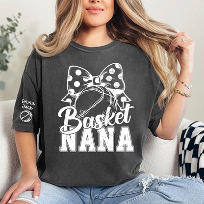 Black And White T-shirt With Basketball Print, Mimi Style, Can Be Printed With Grandchildren's Names, Suitable As A Gift For Grandma