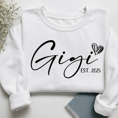 Gigi Est. 2025 Sweatshirt, Personalized Grandma Announcement Tee