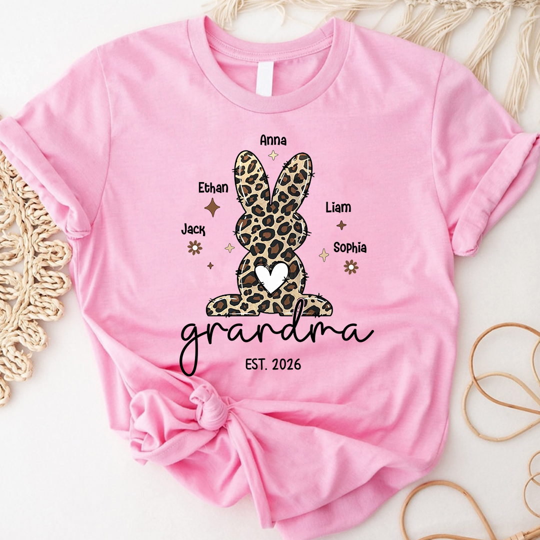 Personalized Grandma Easter Bunny Leopard Print T-shirt, Custom Grandma And Kids