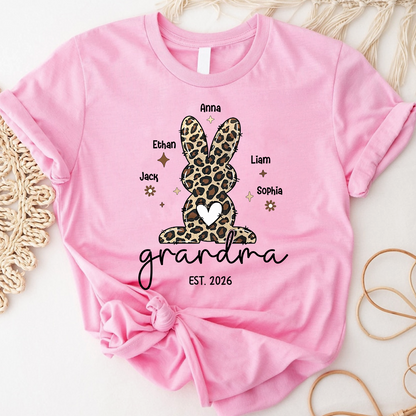 Personalized Grandma Easter Bunny Leopard Print T-shirt, Custom Grandma And Kids