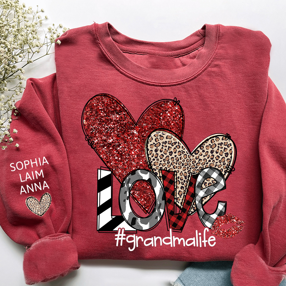 Custom Grandma Life Love Sweatshirt, Leopard & Glitter Heart Design For Grandma And Kids