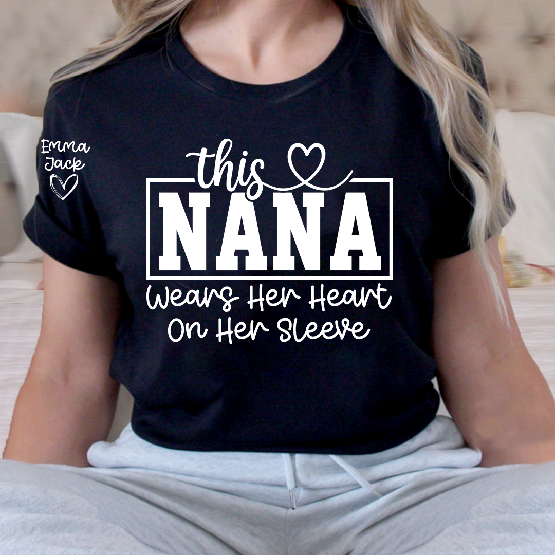 This Grandma Wears Her Heart on Her Sleeve Shirt, Personalized Grandkids Names Family T Shirt