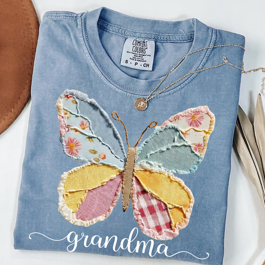 Comfort Colors Personalized Grandma Butterfly Shirt with Floral Patchwork Design, Custom Butterfly Graphic Tee, Easter Gift for Grandmother, Spring Floral Shirt