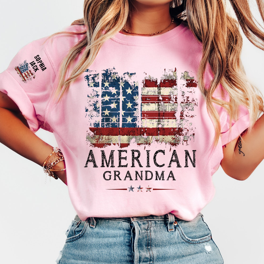 Personalized 4th of July Grandma T-Shirt, Distressed US Flag Gift for Grandmother