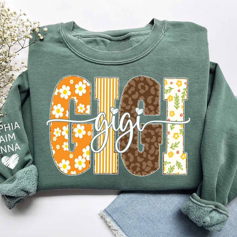 Gigi Fall Grandma Sweatshirt – Custom Name Sleeve and Retro Plaid Floral Letter Design