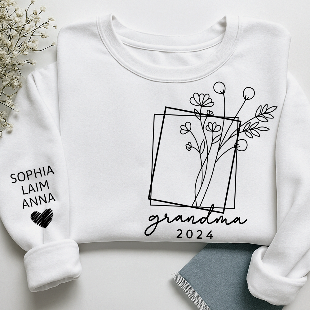Fall Floral Design Sweatshirt with Flowers, Custom Nickname Grandma And Kids
