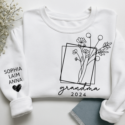 Fall Floral Design Sweatshirt with Flowers, Custom Nickname Grandma And Kids