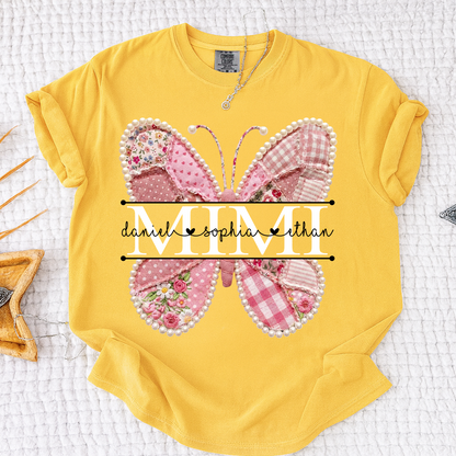 Comfort Personalized Mimi Shirt with Grandkids Names, Pink Butterfly Patchwork Design Family Tee