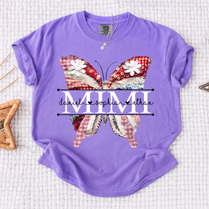 Comfort Personalized Mimi Shirt with Grandkids Names, Colorful Patchwork Butterfly Design Family Tee