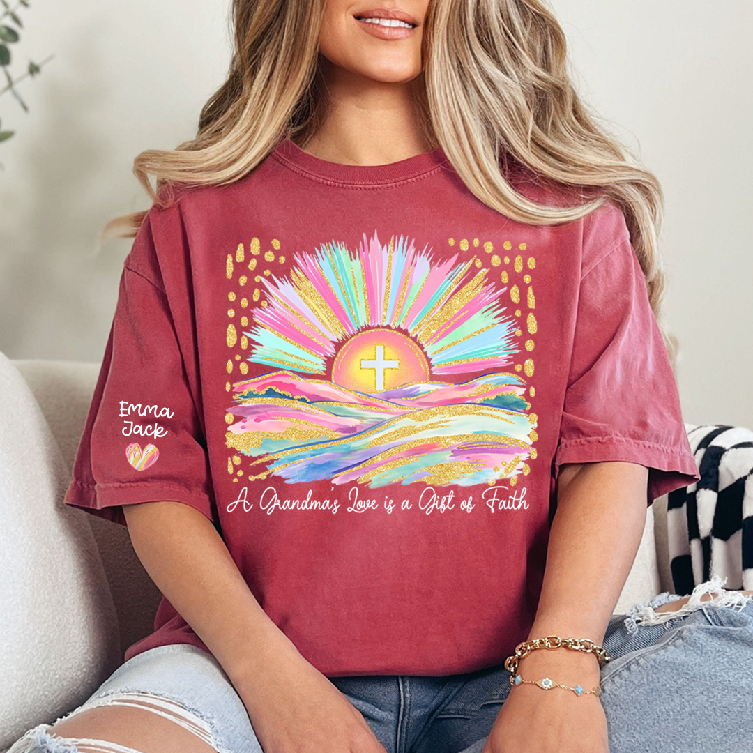 Faith Christian Grandma T-Shirt, Pastel Colorful Sunrise Cross Tee, Cute Personalized Gift for Grandma And Kids