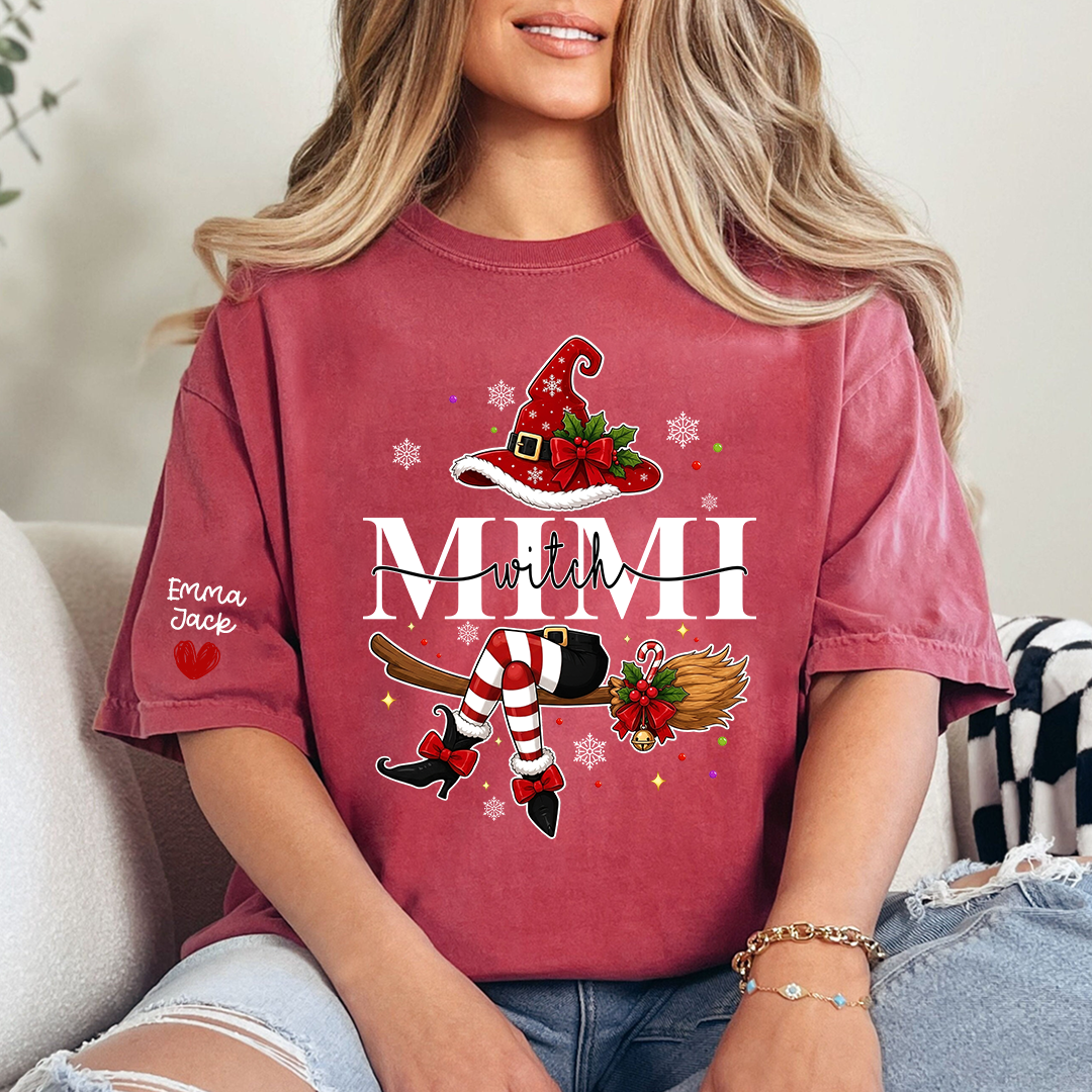 Mimi Christmas Shirt for Women, Cute Holiday Santa Witch Design Tee, Personalized Grandma Family Gift T Shirt