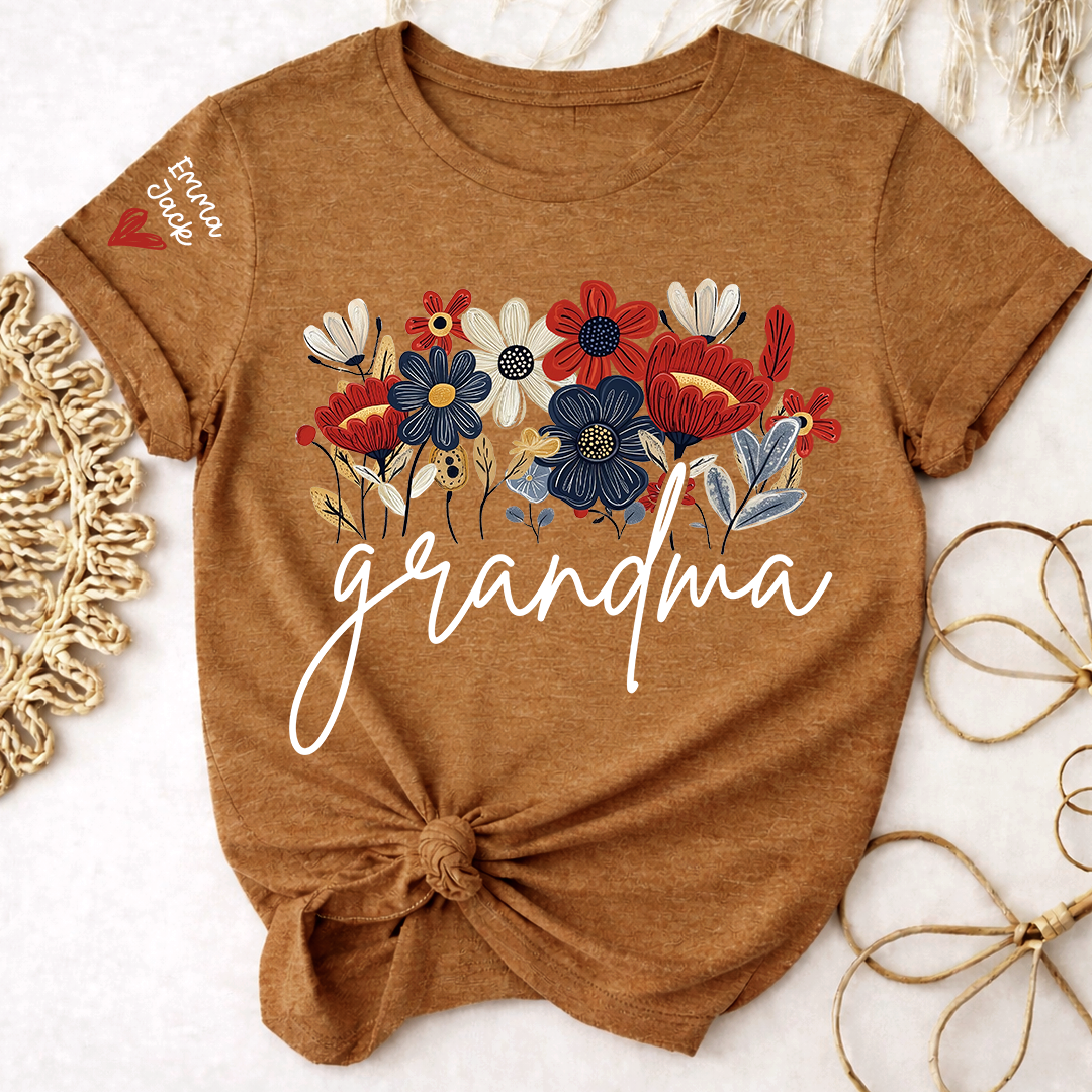 Personalized Grandma Floral Shirt with Custom Grandkids Names, Colorful Flower Design