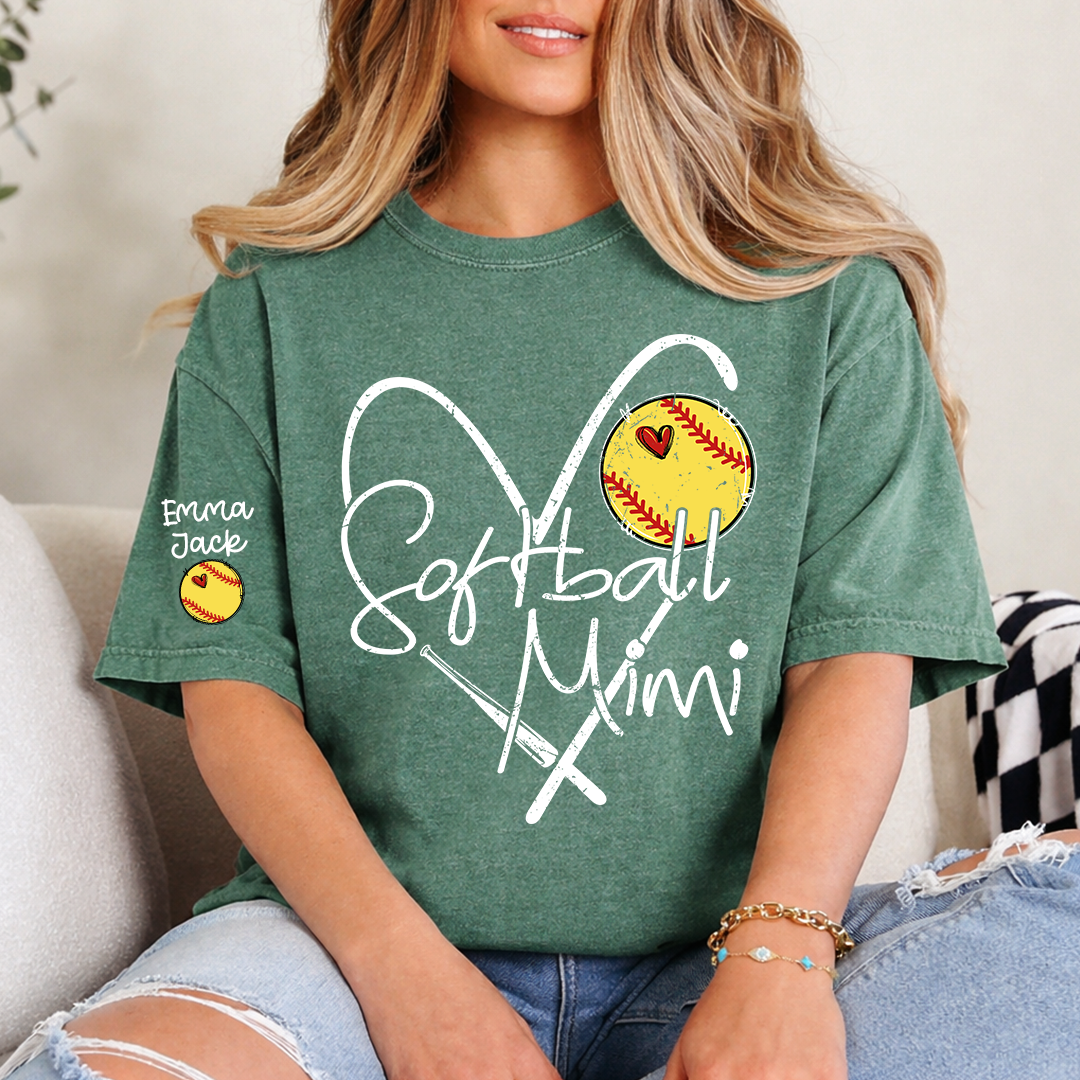 Softball Mimi Shirt Personalized with Grandkids Names, Heart and Bat Sports Family T Shirt