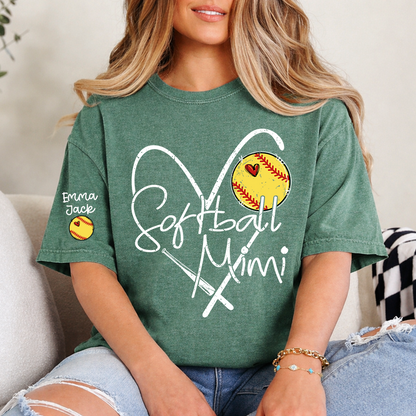 Softball Mimi Shirt Personalized with Grandkids Names, Heart and Bat Sports Family T Shirt