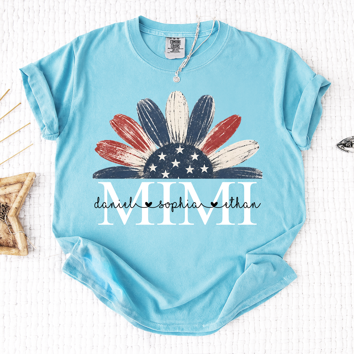 Comfort Colors Floral Mimi T Shirt, Custom Name Design with American Flag, Personalized Grandma Gift, Patriotic 4th of July Shirt
