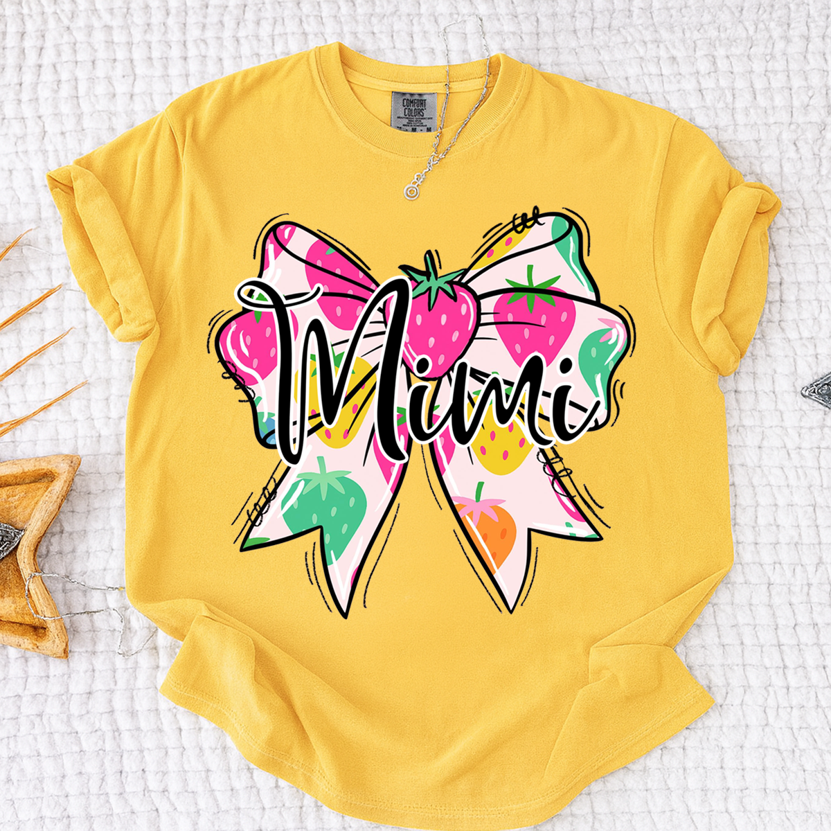 Comfort Colors® Mimi Strawberry Bow Shirt, Cute Grandma Bow Shirt for Women, Fruit Pattern Mimi Tee, Gift for Mimi And Kids