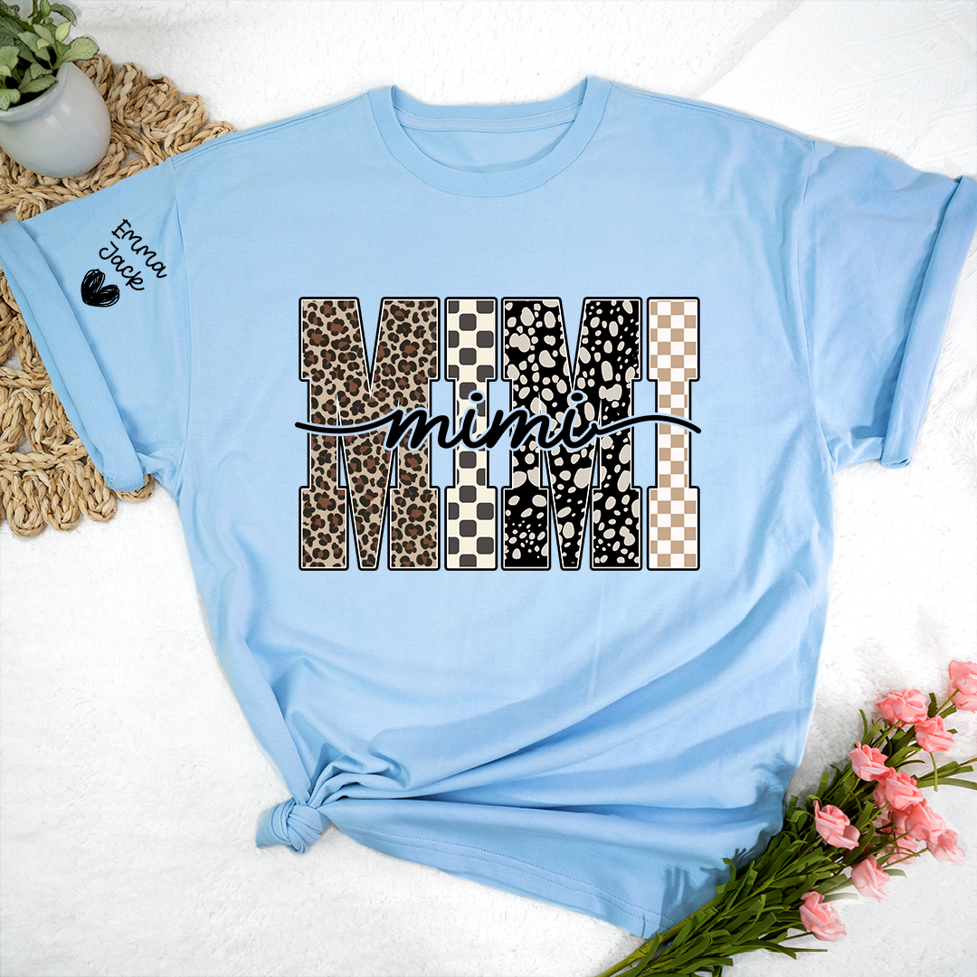 Personalized Mimi Shirt with Grandkids Names, Leopard and Checkered Pattern Family Tee