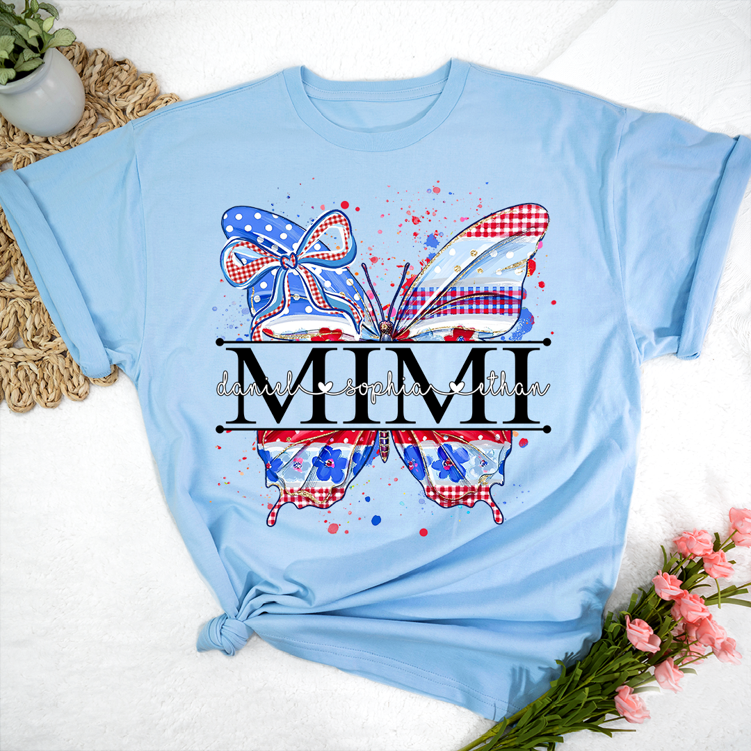 Custom Patriotic Butterfly Mimi T-Shirt, Personalized Grandma Shirt with Red White Blue USA Design