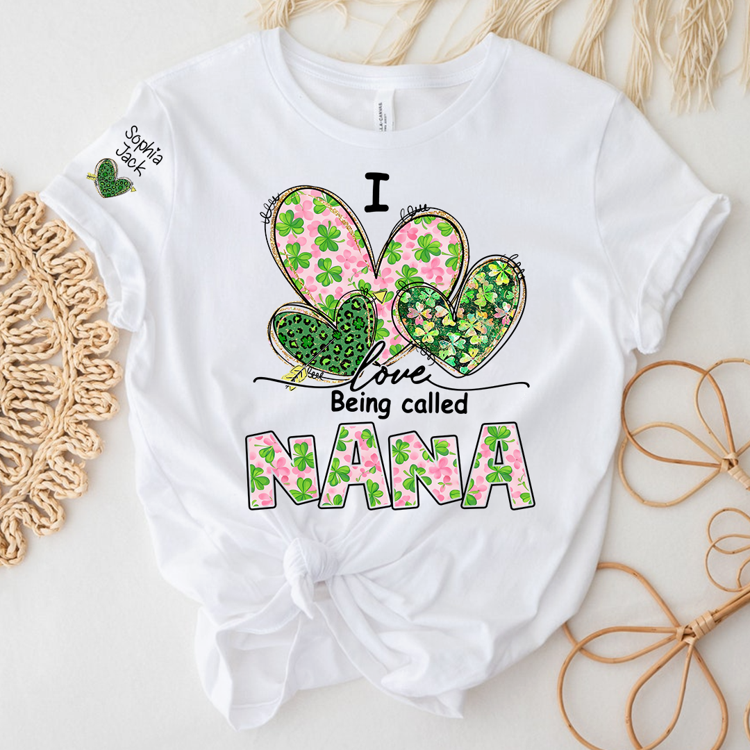 I Love Being Called Nana Shirt, St Patrick’s Day Floral Heart Family T Shirt, Gift For Grandma And Kids