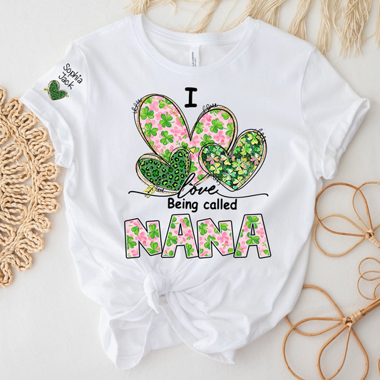 I Love Being Called Nana Shirt, St Patrick’s Day Floral Heart Family T Shirt, Gift For Grandma And Kids