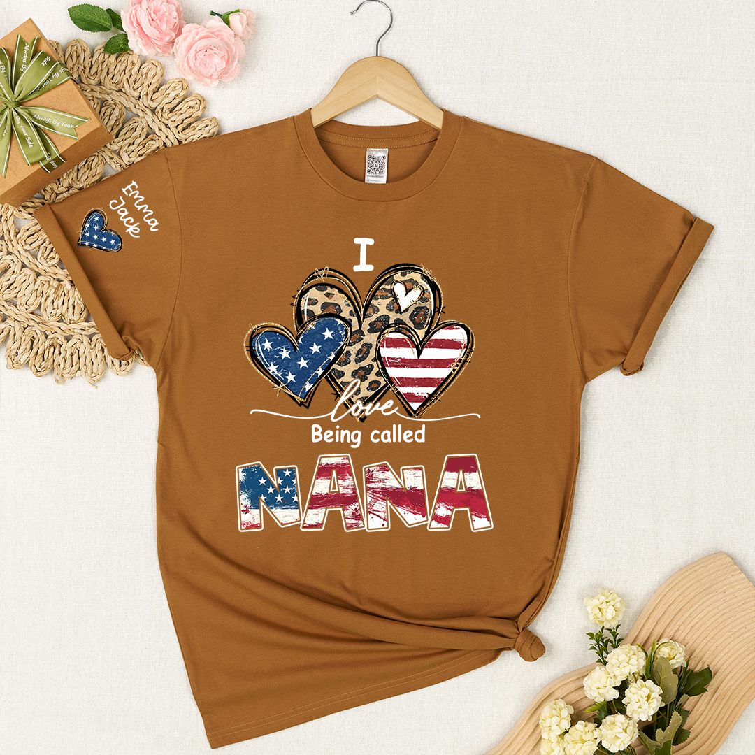 Custom I Love Being Called Nana Flag Heart T-shirt, Grandma Shirt with Kids, Mother's Day Gift for Grandma