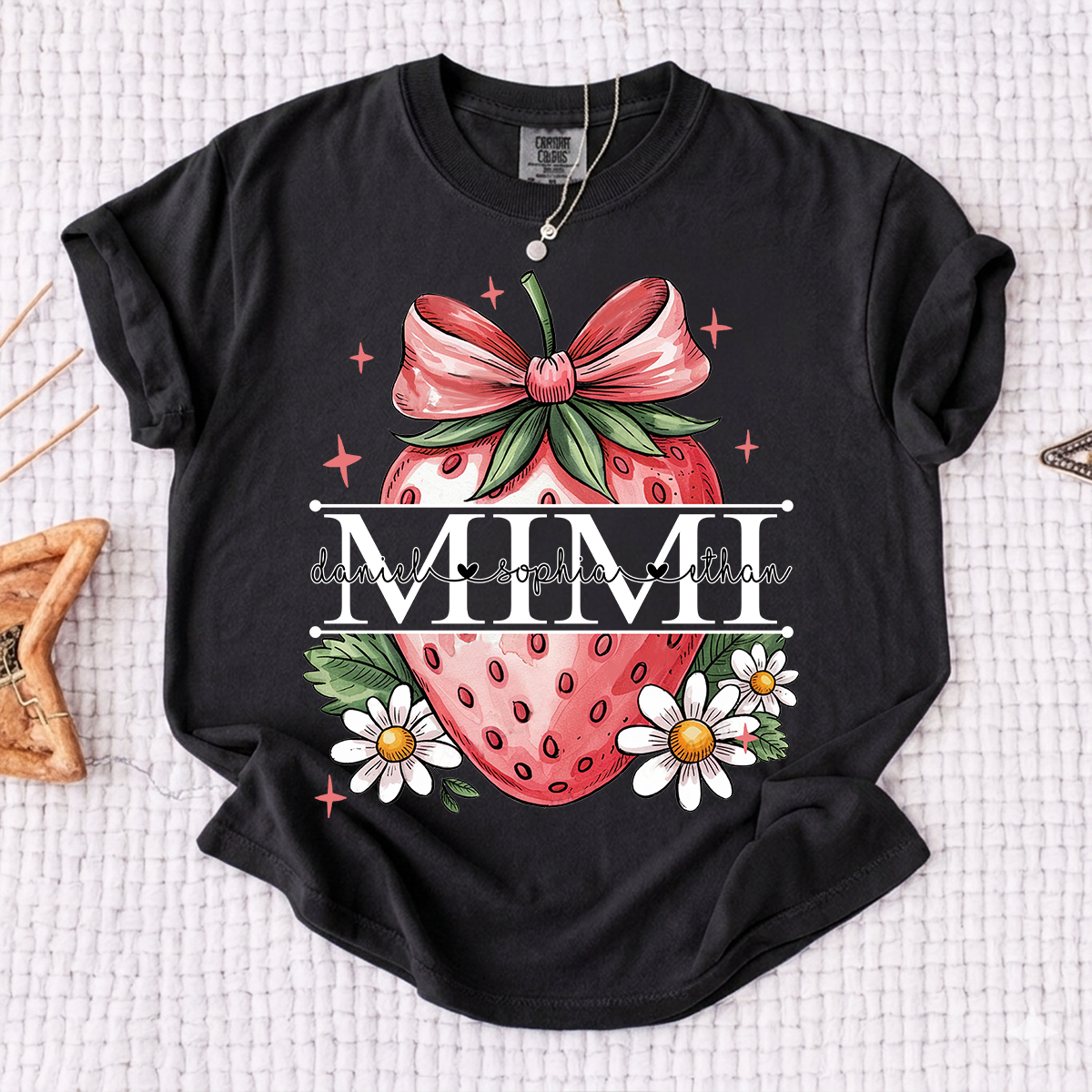 Comfort Colors® Custom Mimi T Shirt with Strawberry Bow Design, Floral Grandma Graphic Tee, Cute Summer Fruit Shirt for Mimi