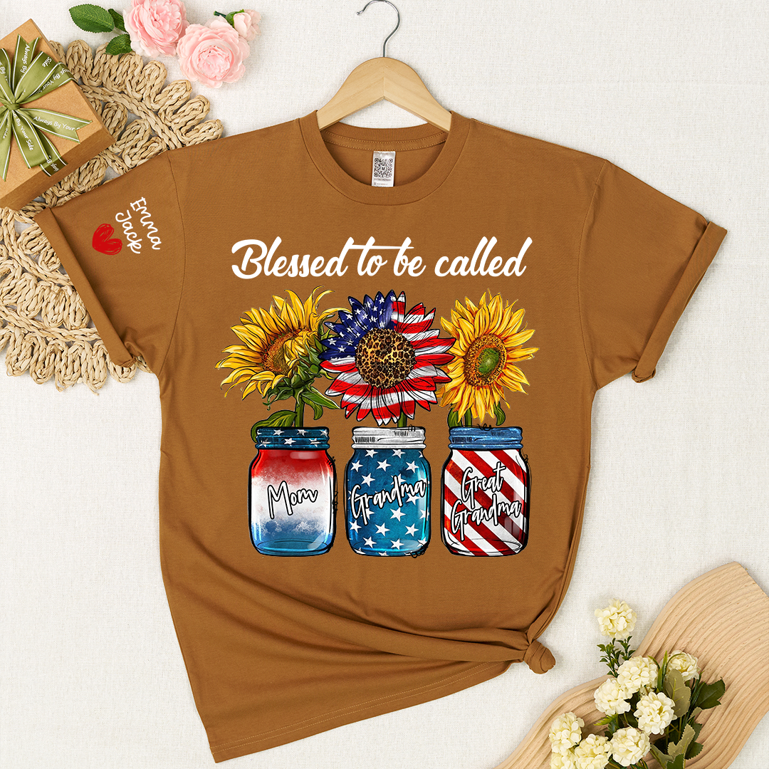 Blessed to be Called Nana Shirt, Custom Family T-Shirt with Sunflower and Flag Design, Give Family