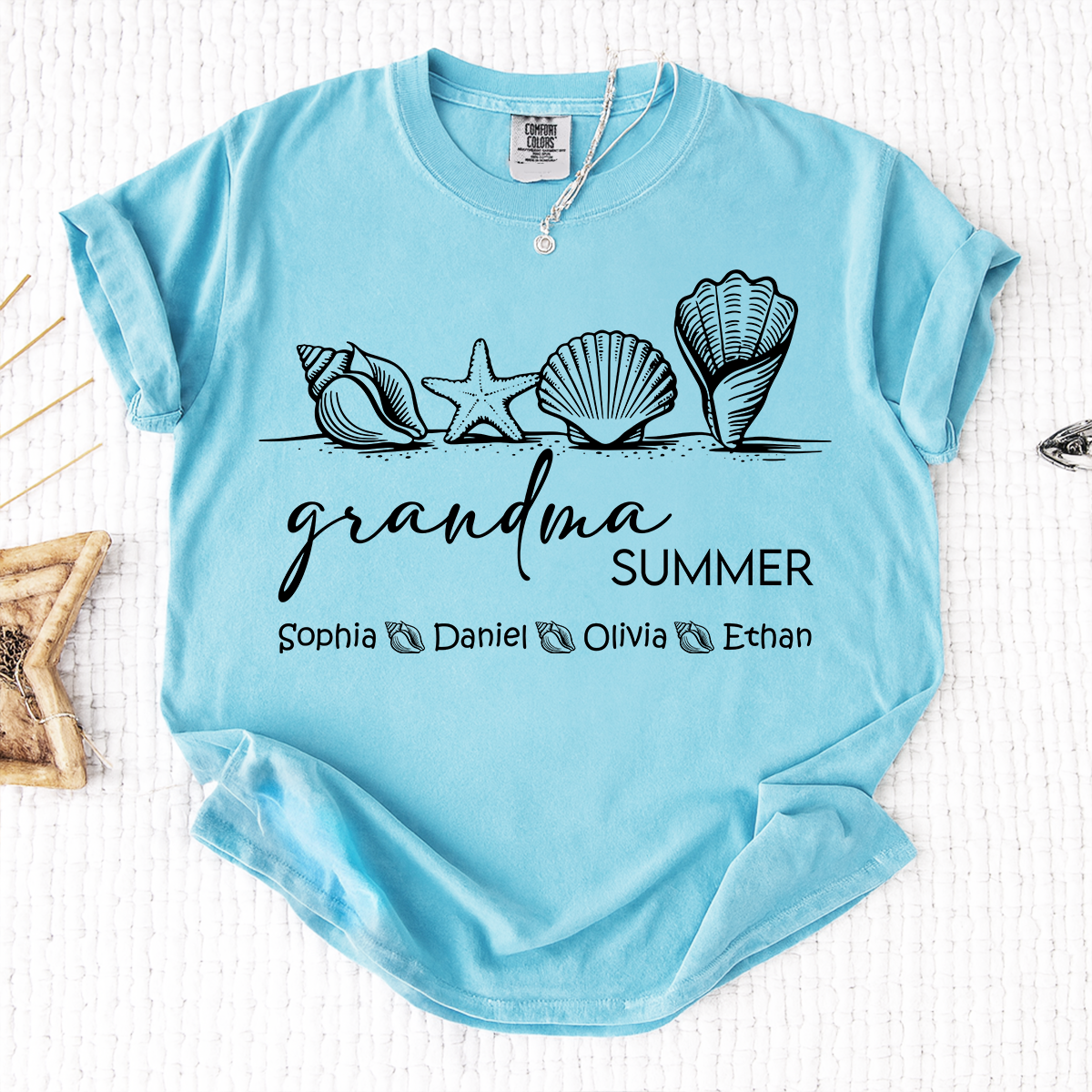 Comfort Colors Grandma Summer Vacation Shirt, Personalized Seashell T-Shirt with Kids Names, Beach Lover Grandma Family Trip Gift
