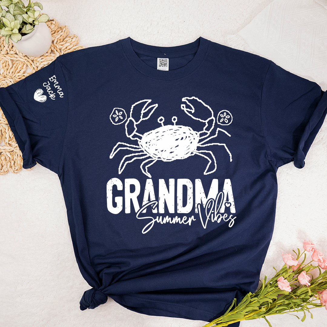 Funny Grandma Beach Shirt, Summer Vibes Crab Graphic Tee, Coastal Grandma Apparel