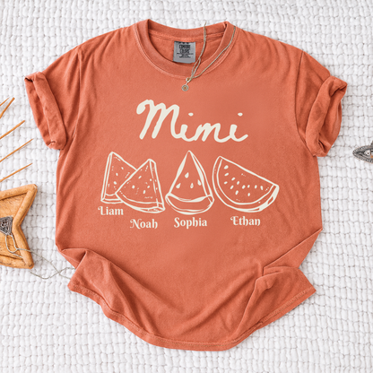 Comfort Colors® Cute Watermelon Mimi Shirt with Names of Grandchildren, Personalized Grandma Tee, Watermelon Summer Gift