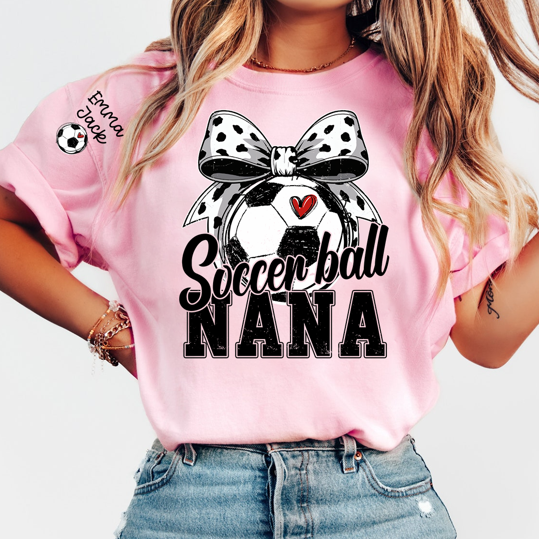 Soccer Nana Shirt Personalized with Grandkids Names, Soccer Ball Bow Family T Shirt