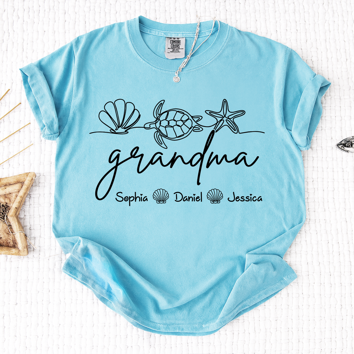 Comfort Colors Personalized Grandma Beach Shirt with Kids Names, Sea Turtle Shell Starfish Graphic Tee, Custom Grandma Summer Vacation Shirt