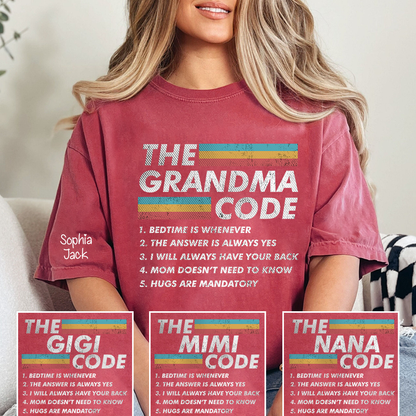 Personalized The Grandma Code" T-Shirt – Personalized Mimi, Gigi, Nana Shirts, Fun Gift for Grandparents, Mother’s Day, Birthday