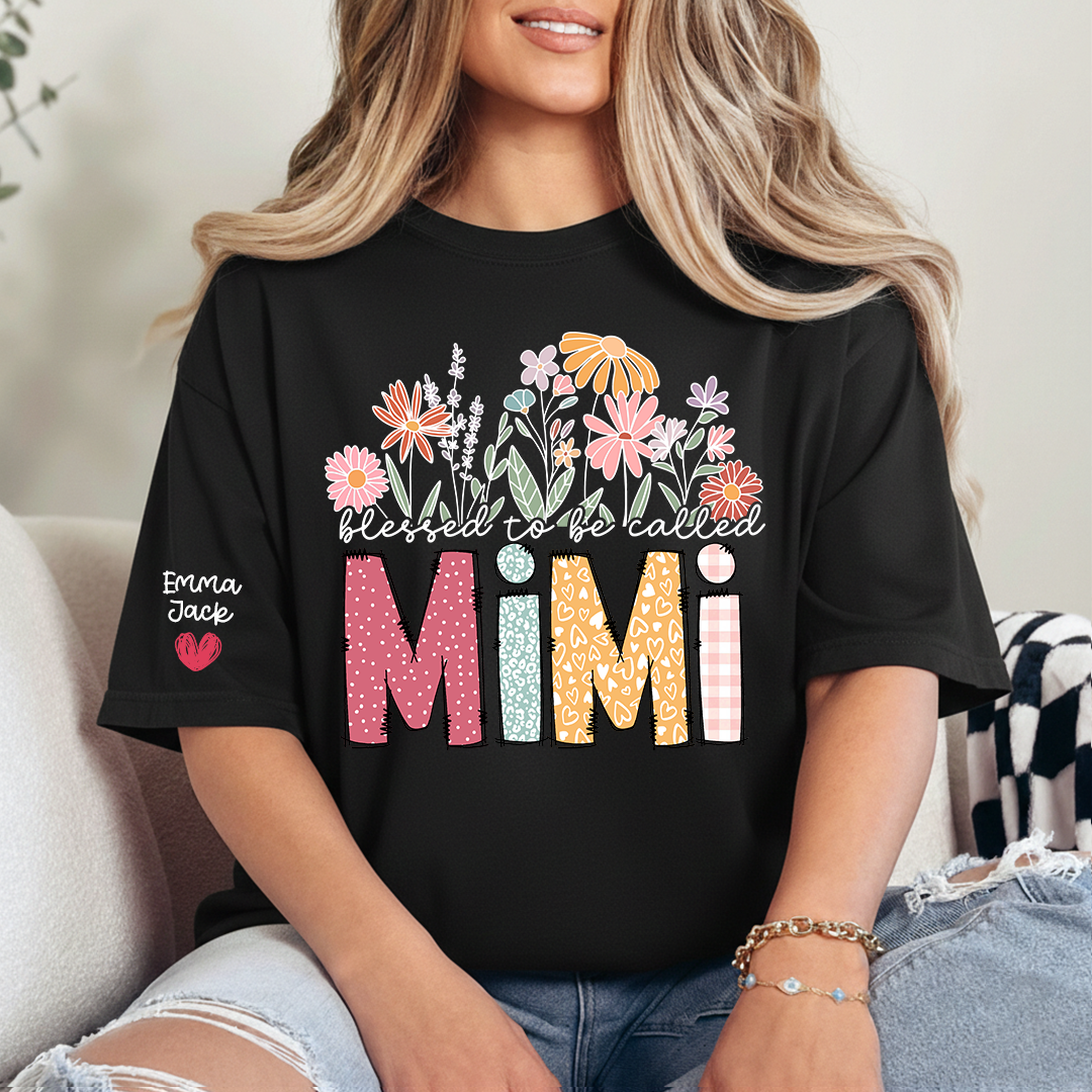 Blessed to Be Called Mimi Shirt Personalized with Grandkids Names, Floral Design