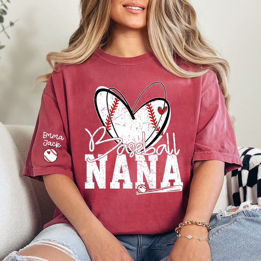 Baseball Nana Shirt, Personalized Family T Shirt with Custom Grandkids Names and Heart Design